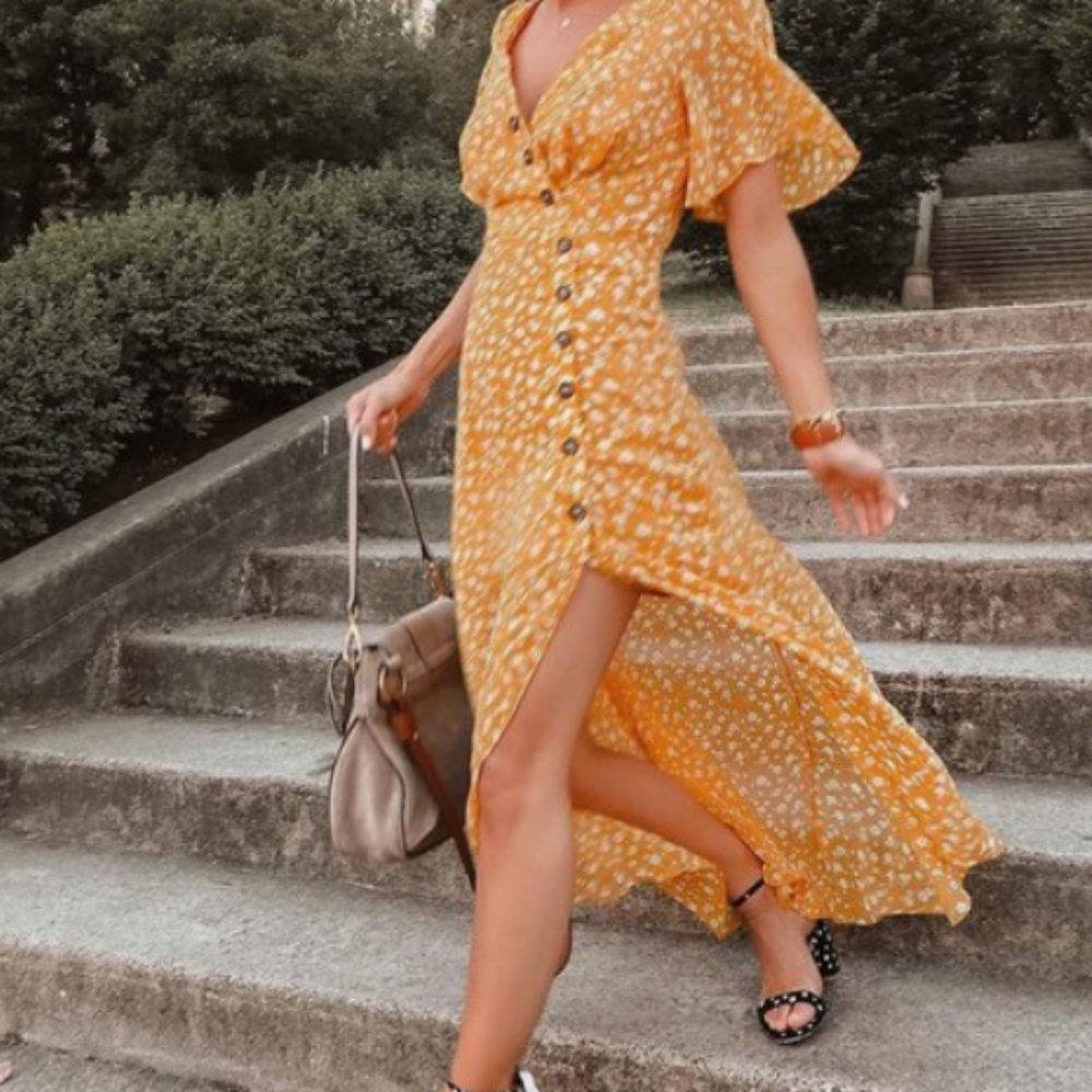 After-Bloom Delight Golden Yellow Floral Print Midi Dress NWT